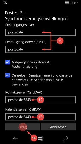 Ändern Sie den Eingangs- und Ausgangsserver auf "posteo.de", den Kontaktserver auf "posteo.de:8843" und den Kalenderserver auf "posteo.de:8443". Bestätigen Sie mit "Fertig".