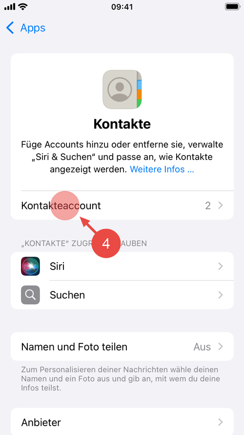 Tippen Sie auf "Kontakteaccount".