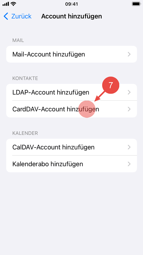 Tippen Sie auf "CardDAV-Account hinzufügen".