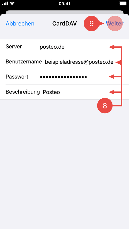 Als Server tragen Sie "posteo.de" ein, als Benutzernamen Ihre vollständige Posteo-E-Mail-Adresse, als Passwort Ihr Posteo-Passwort und neben "Beschreibung" eine frei wählbare Bezeichnung. Tippen Sie dann auf "Weiter".