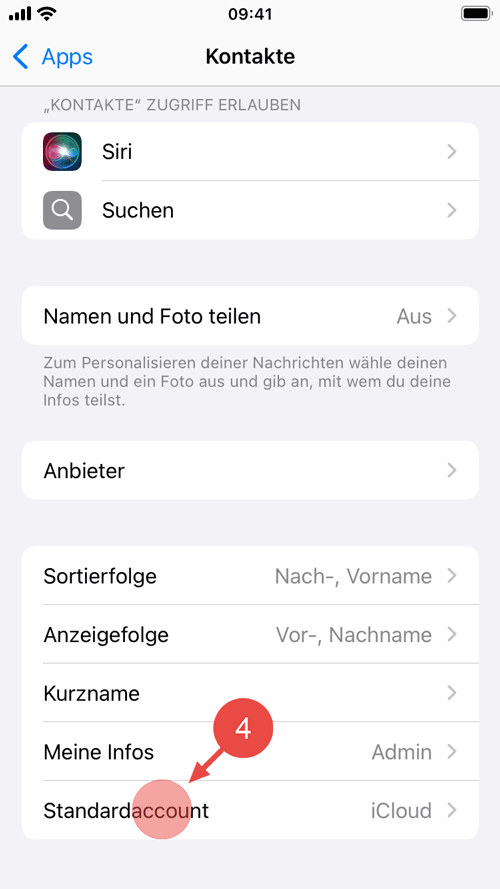 Öffnen Sie in den Einstellungen unter "Apps" den Menü-Punkt "Kontakte" und tippen Sie neben "Standardaccount" auf den Namen des aktuell ausgewählten Accounts.