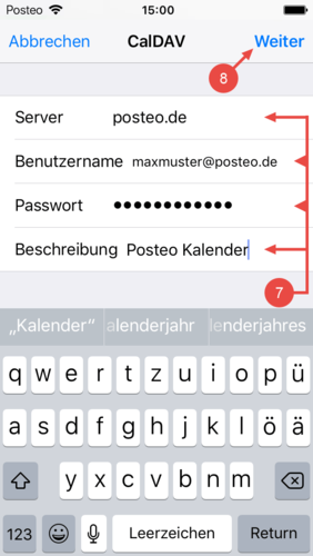 Geben Sie bei Server posteo.de, bei Benutzername Ihre Posteo-E-Mail-Adresse, bei Passwort Ihr Posteo-Passwort und unter Beschreibung einen passenden Text wie Posteo Kalender ein. Bestätigen Sie die Eingaben mit "Weiter".