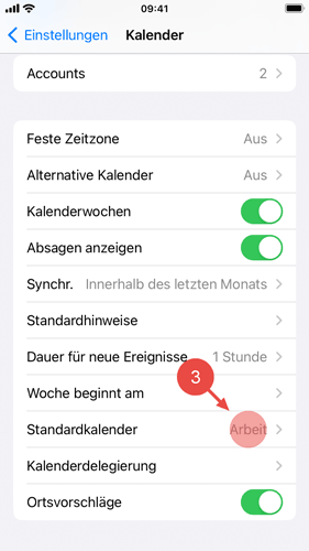 Tippen Sie neben "Standardkalender" auf den Namen des aktuell ausgewählten Kalenders.