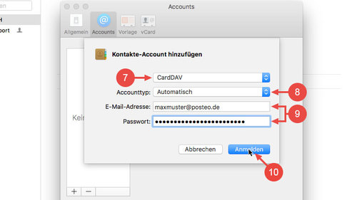 Wählen Sie "CardDAV" aus, geben Sie Ihren Posteo-Benutzernamen und Ihr Posteo-Passwort ein. Unter "Serveradresse" tragen Sie "posteo.de" ein und klicken abschließend auf "Erstellen".