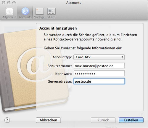 Wählen Sie als Accounttyp "CardDAV" aus. Geben Sie Ihre Posteoadresse und Ihr Posteo-Kennwort ein. Die Serveradresse lautet "posteo.de". Klicken Sie zum Abschluss auf "Erstellen".