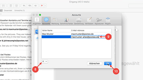 Fügen Sie über das "Plus-Zeichen" unten links eine neue Adresse hinzu. Geben Sie Ihre Alias-Adresse und ggf. einen Absende-Namen ein. Bestätigen Sie die Änderung mit "OK".