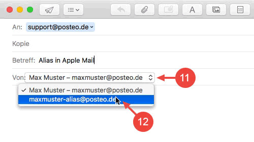Wählen Sie Ihren Alias im Apple Mail E-Mail-Editor über das Auswahlmenü neben "Von" als Absender aus.
