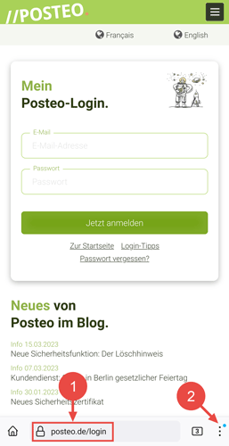 Öffnen Sie posteo.de und klicken Sie auf die drei "Menü-Punkte" unten rechts.