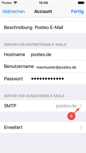 Tippen Sie bei "Server für ausgehende E-Mails" auf den SMTP-Server.