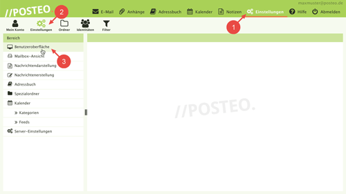 Sie ändern das Oberflächendesign des Posteo Webmailer in den Einstellungen unter "Einstellungen" und "Benutzeroberfläche".