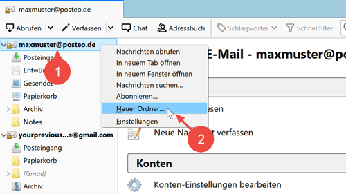 Klicken Sie mit der rechten Maustaste auf Ihr Posteo-Postfach und dort auf "Neuer Ordner...".