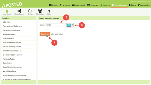 Geben Sie den Namen des neuen Kalenders ein, wählen Sie eine Farbe aus und klicken Sie auf "Speichern".
