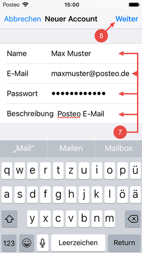 Geben Sie bei Namen einen "Absendernamen", bei E-Mail Ihre "Posteo-E-Mail-Adresse", bei Passwort Ihr "Posteo-Passwort" und bei Beschreibung einen passenden Text wie "Posteo E-Mail" ein und tippen Sie auf "Weiter".