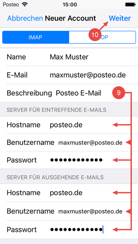Konfigurieren Sie die Einstellungen für eintreffende und ausgehdne E-Mails mit "posteo.de" als Hostname, Ihrer "Posteo-E-Mail-Adresse" als Benutzername und Ihrem "Posteo-Passwort" als Passwort. Tippen Sie danach auf "Weiter".