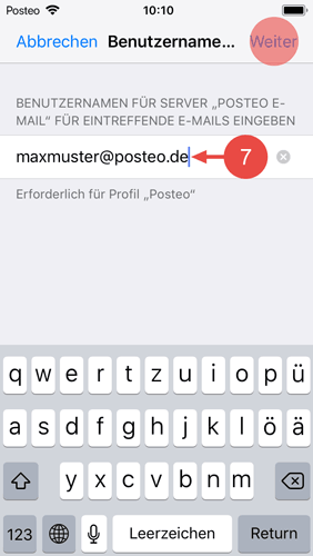 Geben Sie Ihre Posteo-E-Mail-Adresse als Benutzername für den Posteingangsserver ein und bestätigen Sie die Eingabe mit "Weiter".
