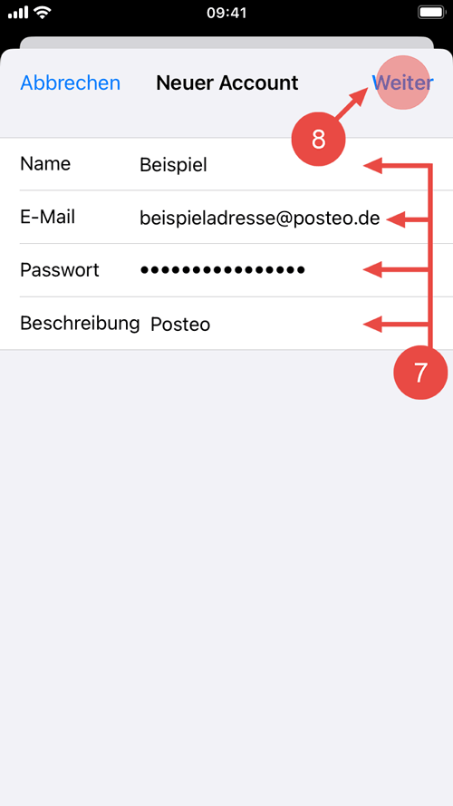 Geben Sie einen Absendernamen, Ihre Posteo E-Mail-Adresse, Ihr Passwort und eine Beschreibung ein und tippen Sie auf "Weiter".