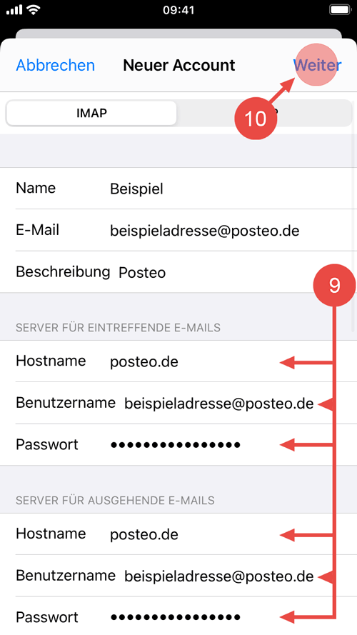 Geben Sie für beide Server den Hostnamen posteo.de, als Benutzernamen Ihre Posteo-Adresse und jeweils Ihr Passwort ein.