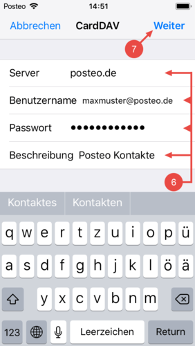 Geben Sie bei Server posteo.de, bei Benutzername Ihre Posteo-E-Mail-Adresse, bei Passwort Ihr Posteo-Passwort und unter Beschreibung einen passenden Text wie Posteo Kontakte ein. Bestätigen Sie die Eingaben mit "Weiter".