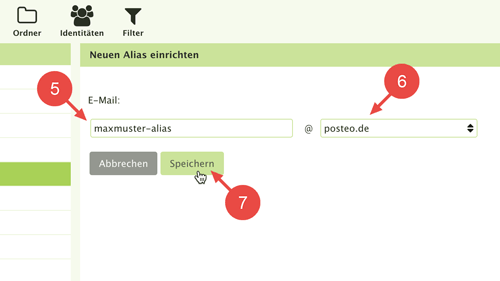 Wählen Sie einen Alias-Namen und eine Domain-Endung und klicken Sie auf "Speichern".