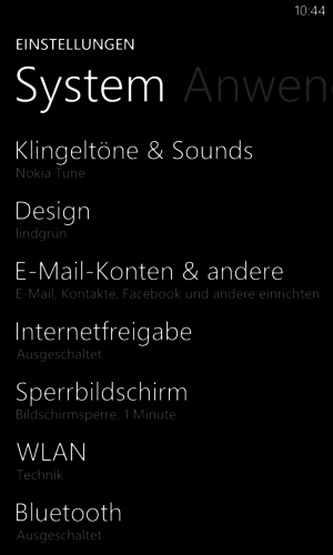 Öffnen Sie die Einstellungen und wählen Sie "E-Mail-Konten & andere", um Posteo im Windows Phone 8 einzurichten.