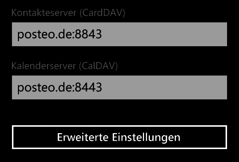 Bei "Kontakteserver" tragen Sie bitte "posteo.de:8843" ein, für "Kalenderserver" "posteo.de:8443". Tippen Sie danach auf "Erweiterte Einstellungen".