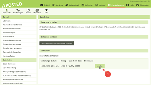 Klicken Sie neben dem Gutschein, den Sie löschen möchten, auf "Löschen".