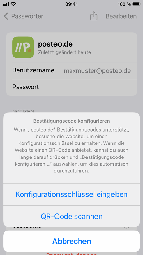 Sie können den 16-stelligen Code aus dem Webmailer kopieren oder den QR-Code scannen.