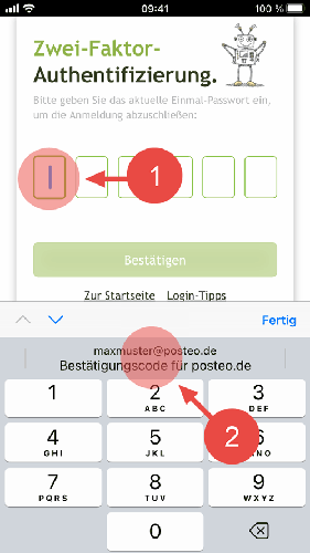 Tippen Sie in das erste Feld für die Eingabe des Einmal-Passworts und anschließend auf "Bestätigungscode für posteo.de".