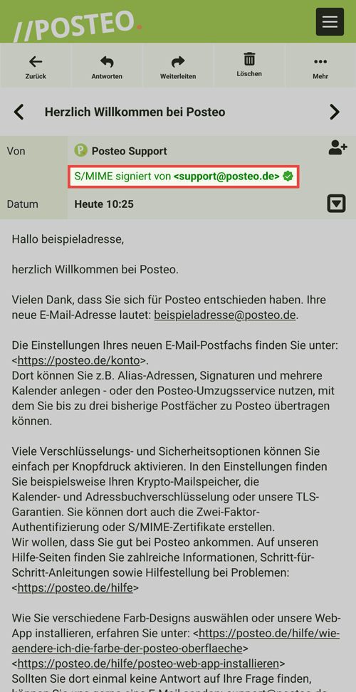 Ob eine E-Mail tatsächlich von Posteo an Sie gesendet wurde, können Sie anhand der S/MIME-Signatur überprüfen.