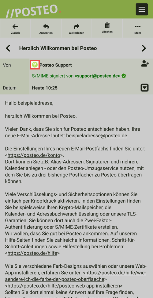 Im Posteo-Webmailer können Sie E-Mails, die Posteo Ihnen gesendet hat, zusätzlich an einem runden, grünen Posteo-Icon, direkt vor dem Absender erkennen.