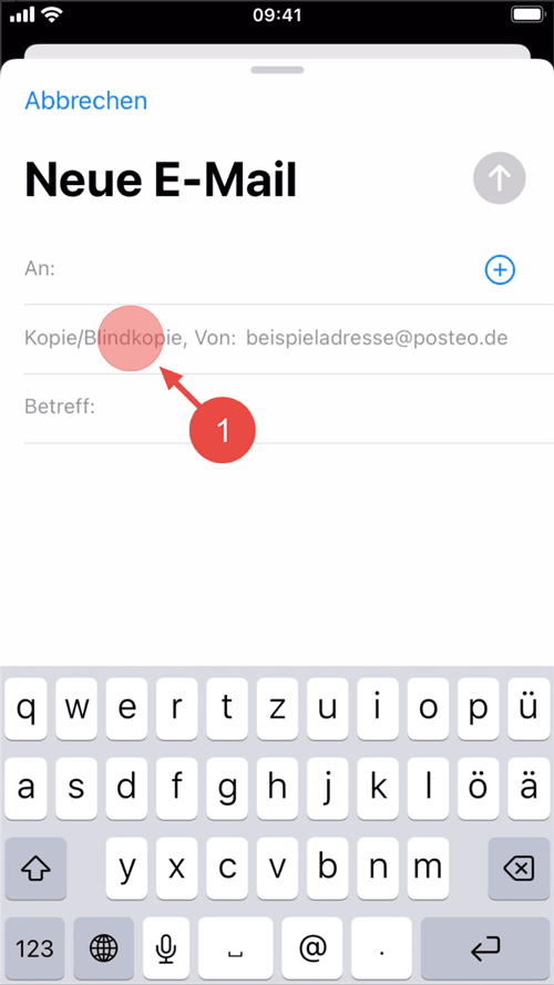 Schreiben Sie eine neue E-Mail und tippen Sie auf "Kopie/Blindkopie".