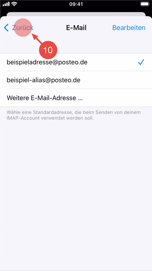 Wählen Sie den Alias auf Wunsch als Standardabsender aus. Tippen Sie auf "Zurück".