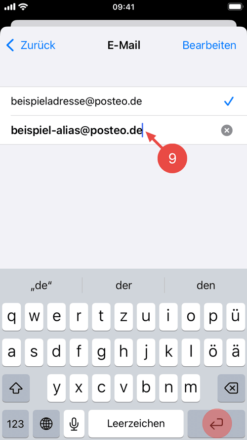 Geben Sie Ihre E-Mail-Alias-Adresse ein und bestätigen Sie mit Return.