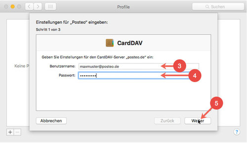 Posteo-Profil in Mac OS X installieren: Schritt 3-5
