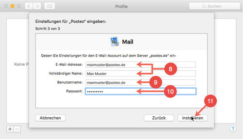 Posteo-Profil in Mac OS X installieren: Schritt 8-11