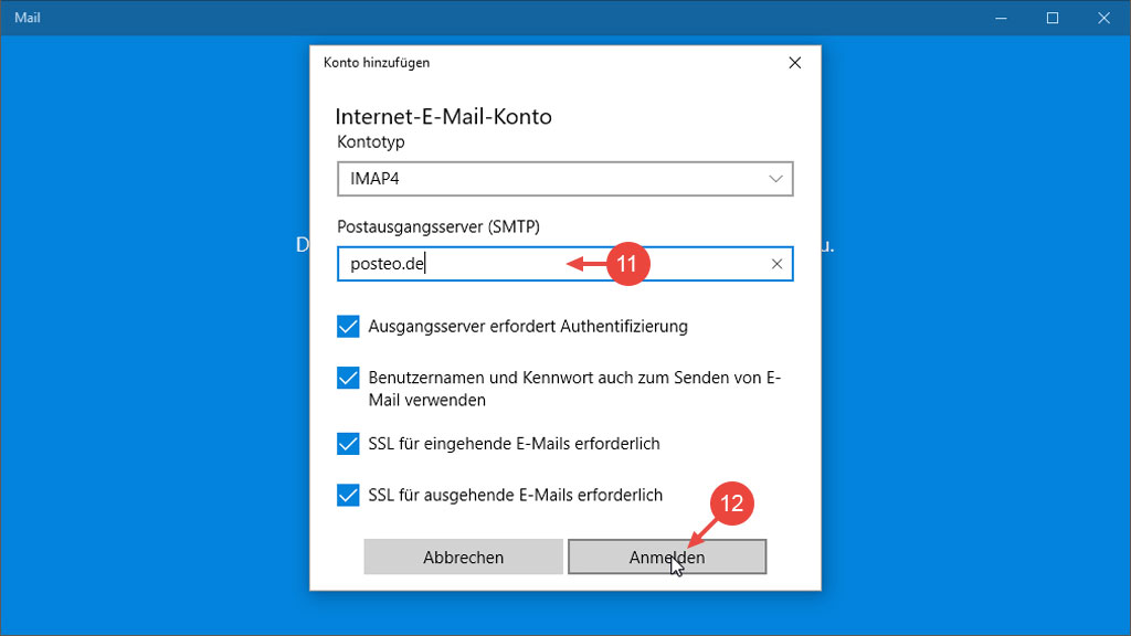Geben Sie bei Postausgangsserver &quot;posteo.de&quot; ein und klicken Sie auf &quot;Anmelden&quot;.
