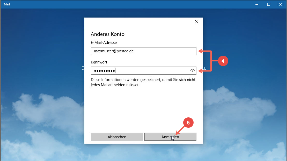 Windows 10 Mail einrichten: Schritt 4 und 5