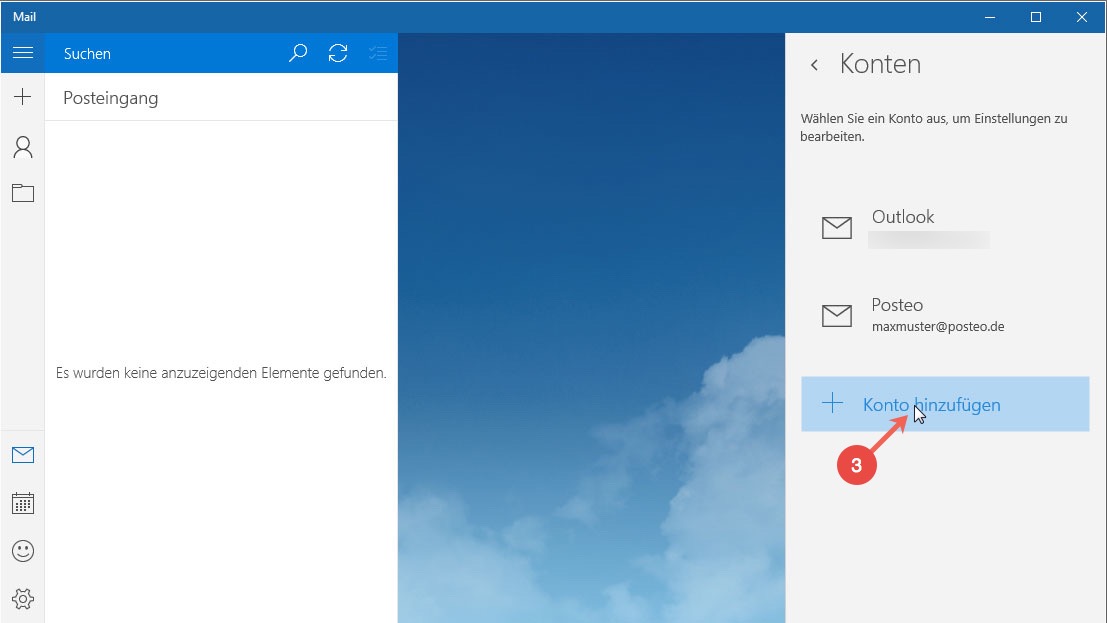 Posteo Kontakte und Kalender in Windows 10 einrichten: Schritt 3