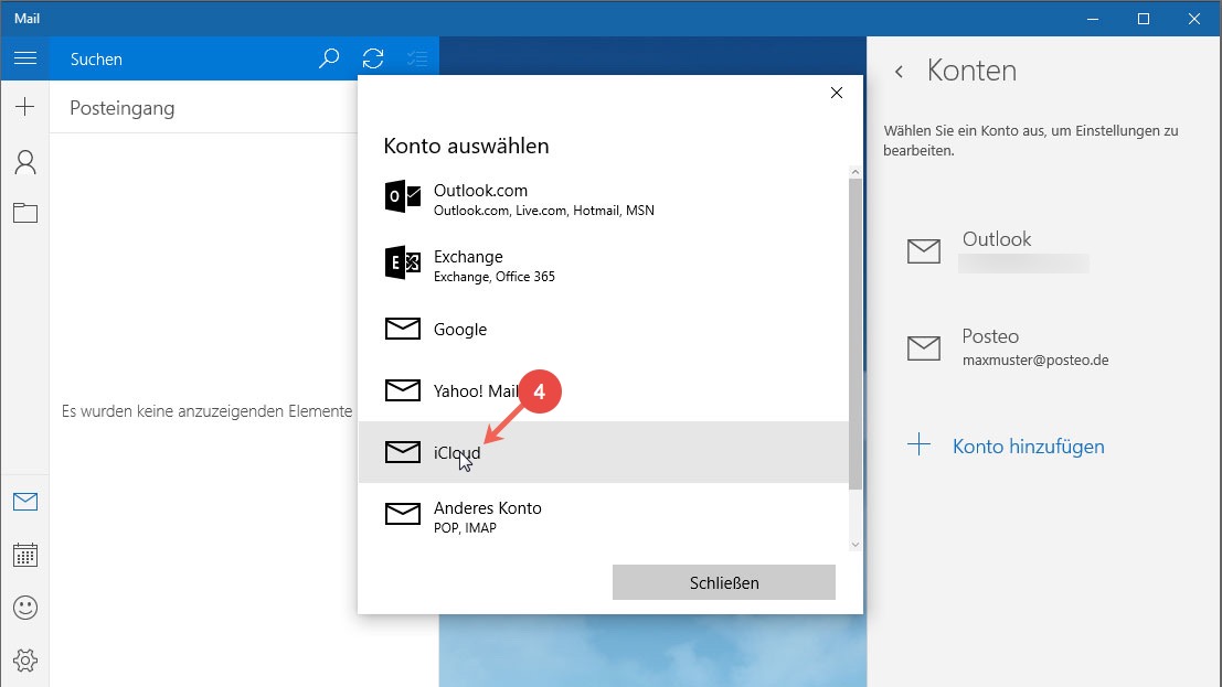 Posteo Kontakte und Kalender in Windows 10 einrichten: Schritt 4