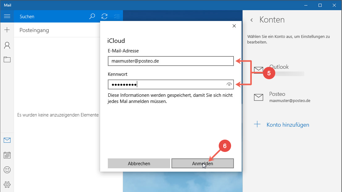 Posteo Kontakte und Kalender in Windows 10 einrichten: Schritt 5 und 6