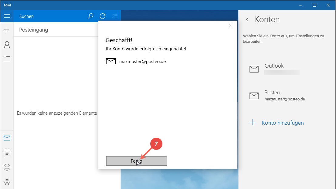 Posteo Kontakte und Kalender in Windows 10 einrichten: Schritt 7