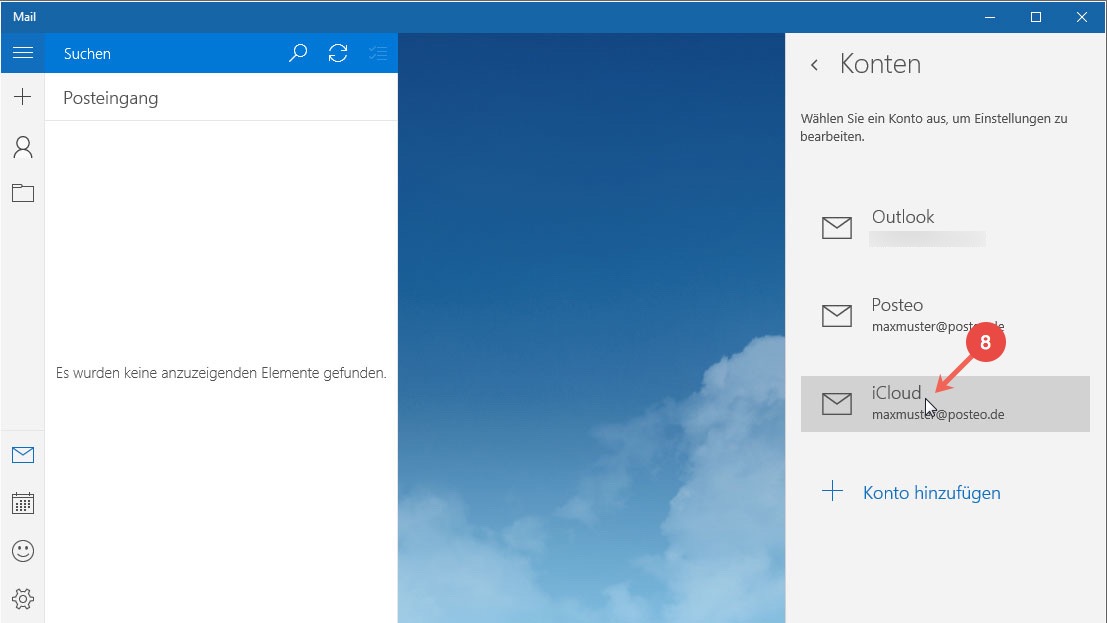 Posteo Kontakte und Kalender in Windows 10 einrichten: Schritt 8