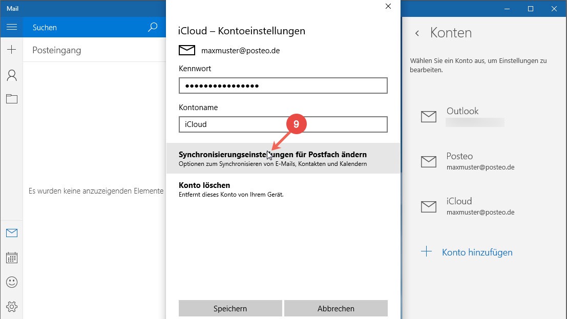 Posteo Kontakte und Kalender in Windows 10 einrichten: Schritt 9