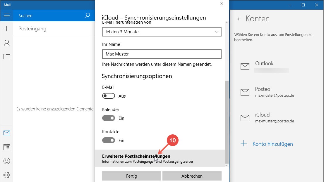Posteo Kontakte und Kalender in Windows 10 einrichten: Schritt 10