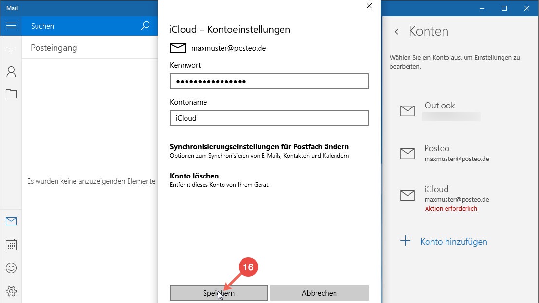 Posteo Kontakte und Kalender in Windows 10 einrichten: Schritt 16