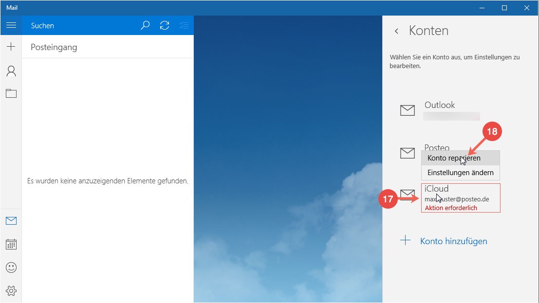 Posteo Kontakte und Kalender in Windows 10 einrichten: Schritt 17 und 18