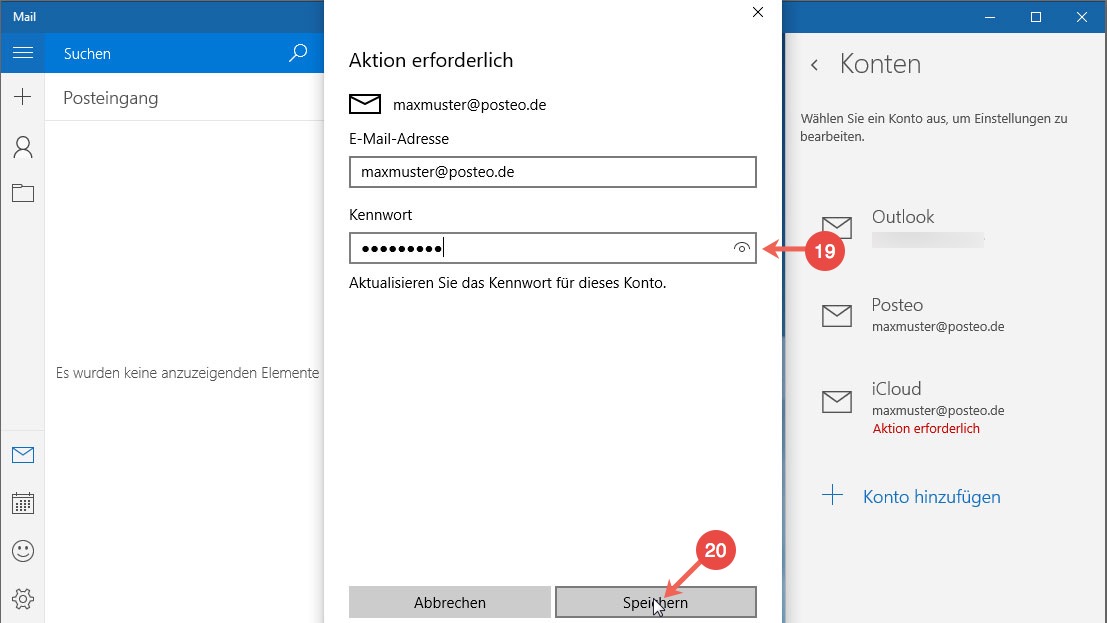 Posteo Kontakte und Kalender in Windows 10 einrichten: Schritt 19 und 20