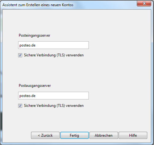 Geben Sie bitte in beiden Fällen "posteo.de" an und haken Sie "sichere Verbindung (TLS) verwenden" an. Klicken Sie auf "Fertig".