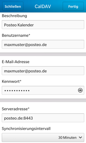 Tragen Sie bei “Benutzername” und “E-Mailadresse” bitte Ihre E-Mailadresse, bei “Kennwort” Ihr Passwort ein. Die Serveradresse lautet“posteo.de:8443”, Wählen Sie aus, wie oft der Kalender synchronisiert werden soll, Tippen Sie auf "Fertig".