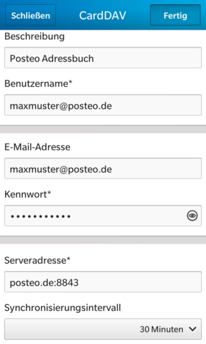Tragen Sie bei “Benutzername” und “E-Mailadresse” bitte Ihre E-Mailadresse, bei “Kennwort” Ihr Passwort ein. Die Serveradresse lautet“posteo.de:8843”, Wählen Sie aus, wie oft das Adressbuch synchronisiert werden soll, Tippen Sie auf "Fertig". 